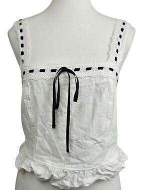 KIRIOUS Black Smocked Eyelet Trim Bow Tank Top Size L Cropped Coquette